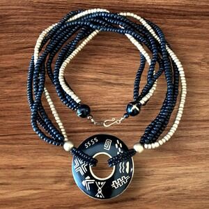 Vintage Wooden Beaded Four Strand Necklace w Round Pendant Black/Gold